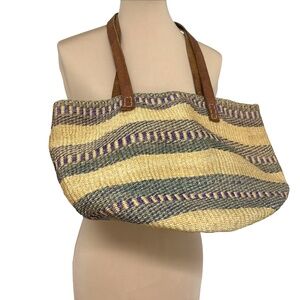 bag handwoven tote jute leather straps 10x12 shoulder leather straps boho hippie